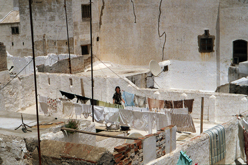 View of a Rooftop with Clotheslines in Morocco. 